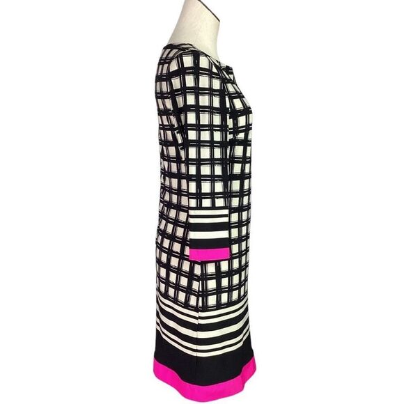 Eliza J Shift Dress Womens 8 Black Ivory Pink Trim Geometric 3/4 Sleeve Stretch - Picture 4 of 9